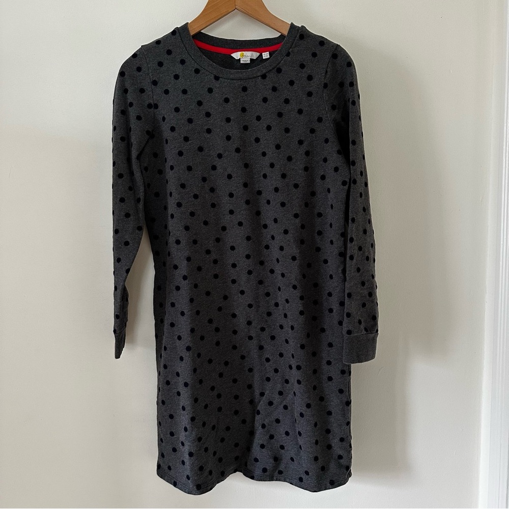 Boden Gray and Navy Polka Dot Sweatshirt Dress, size 8
